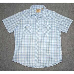 Wrangler Shirt Mens XL‎ Pearl Snap White Blue Plaid Western Style Plaid Cowboy